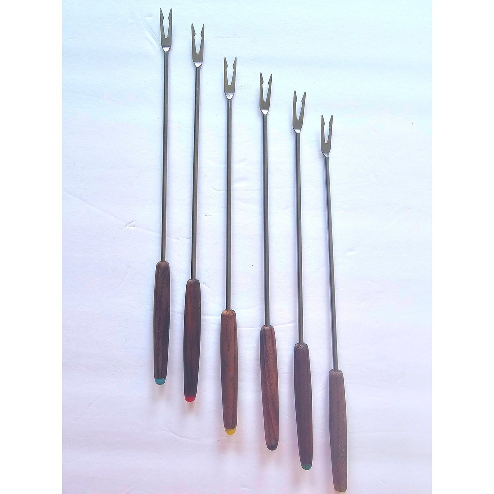 Vintage Fondue Forks Wood Stainless Steel Japan Colored Tips Set of 6 Retro